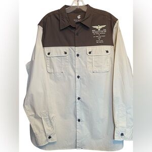 Rocawear Y2K vintage men’s shirt with colour-block design army green/beige XL